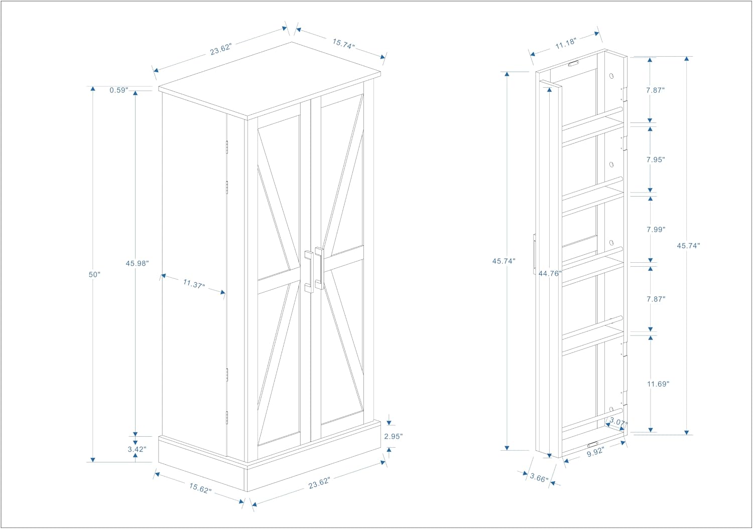 50" LED Kitchen Pantry Storage Cabinet Food Cabinet Freestanding Buffet Cupboards Sideboard with 2 Doors with Racks and Shelves for Small Space in Kitchen, Living Room and Dinning Room