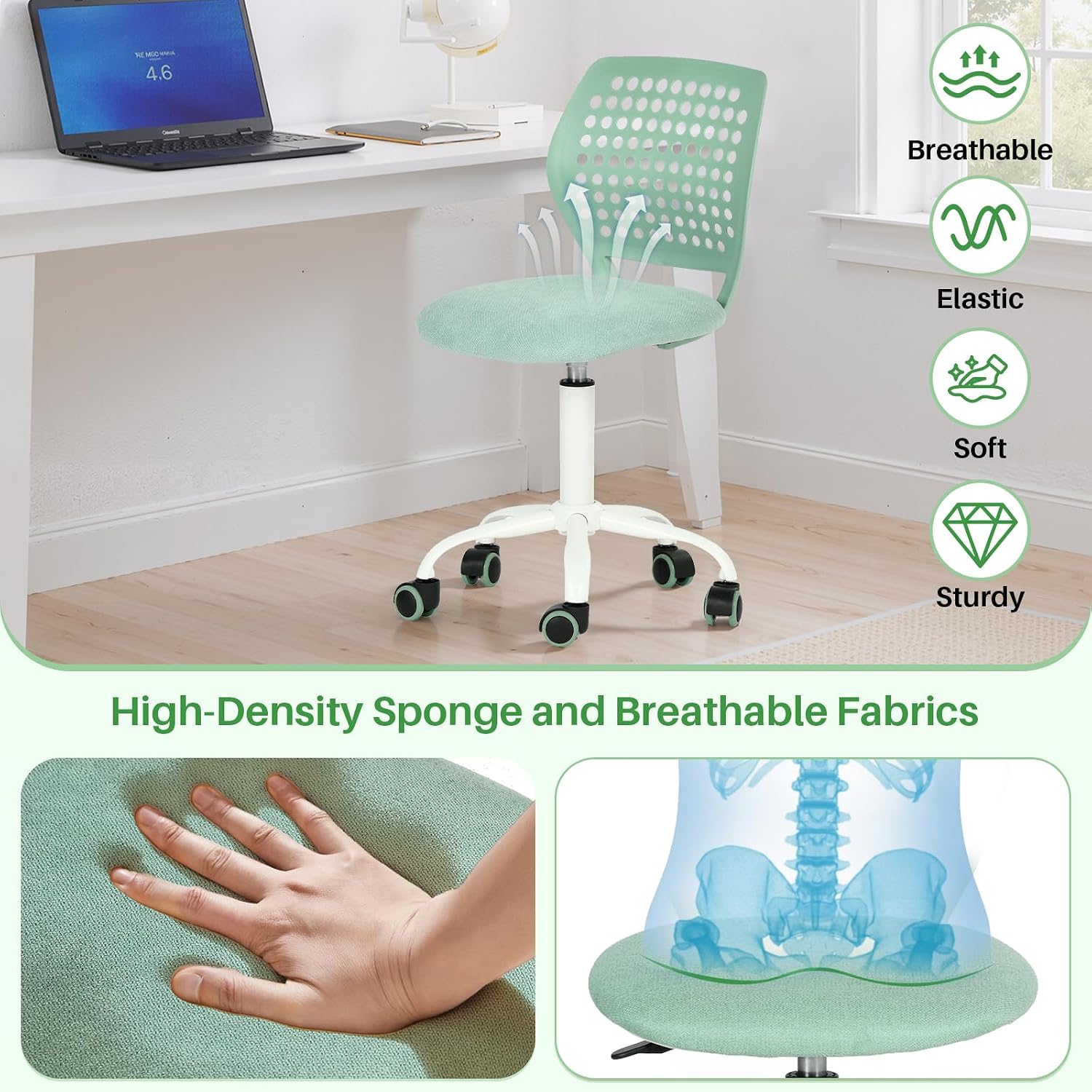 FurnitureR Armless Desk Chair with Wheels, Ergonomic Adjustable Height Swivel Task Chair with Breathable Back and Padded Seat, Rolling Study Computer Seating for Kids Teens, Mint Green