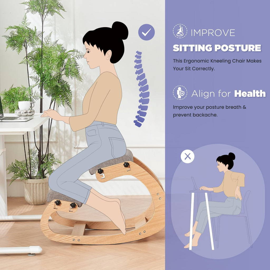 Ergonomic Kneeling Chair,Adjustable Rocking Knee Chair for Home Office,Wooden Office Chair for Back Pain Relief, Grey