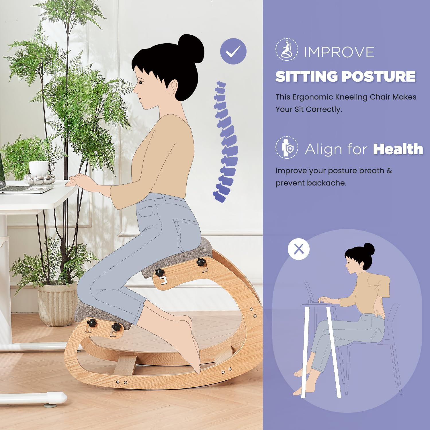 Ergonomic Kneeling Chair,Adjustable Rocking Knee Chair for Home Office,Wooden Office Chair for Back Pain Relief, Grey