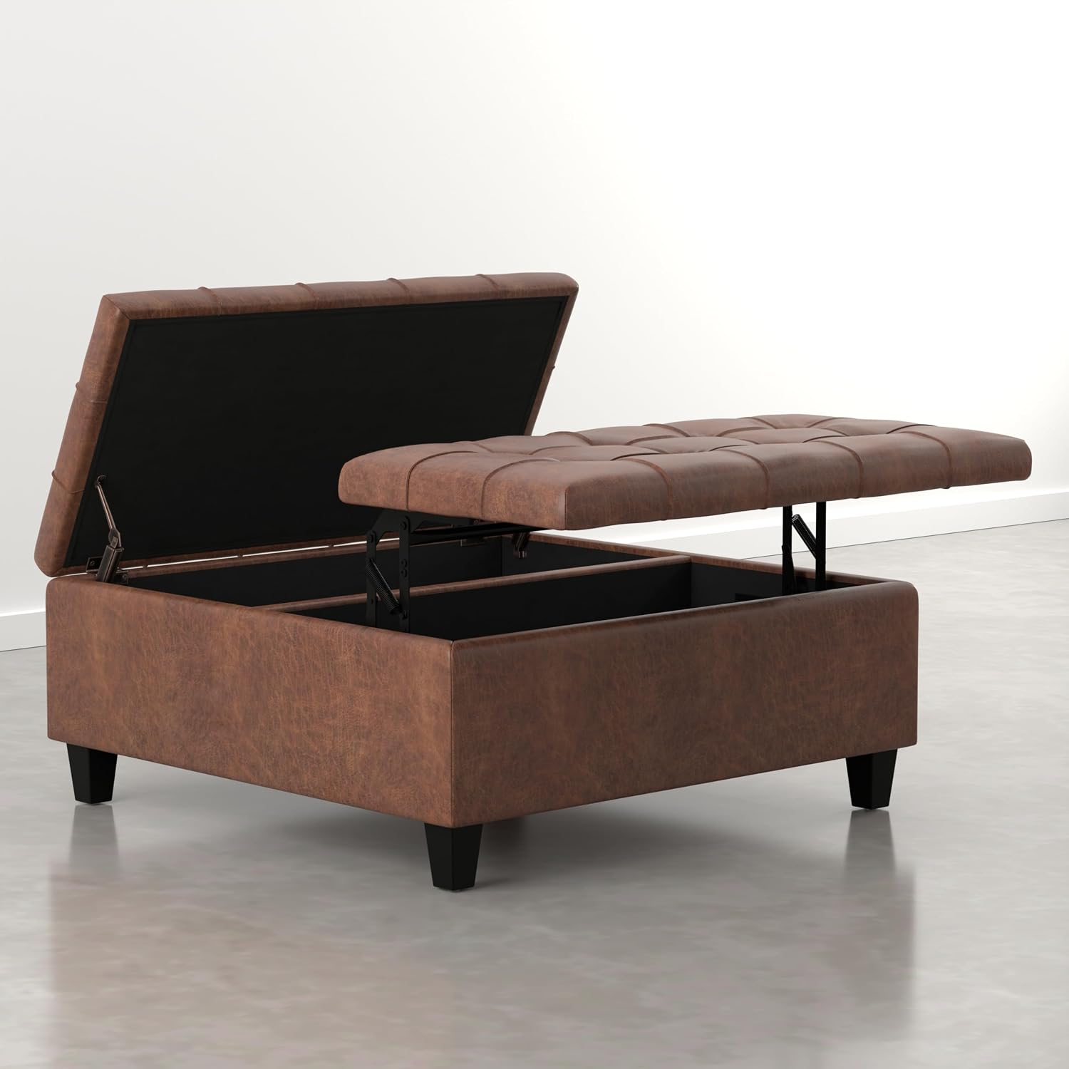 SIMPLIHOME Harrison Coffee Table Storage Ottoman - 36 inch Wide Upholstered Vegan Leather Square Lift-Top Ottoman in Distressed Pecan Brown, Transitional Ottoman for Living Room with Storage