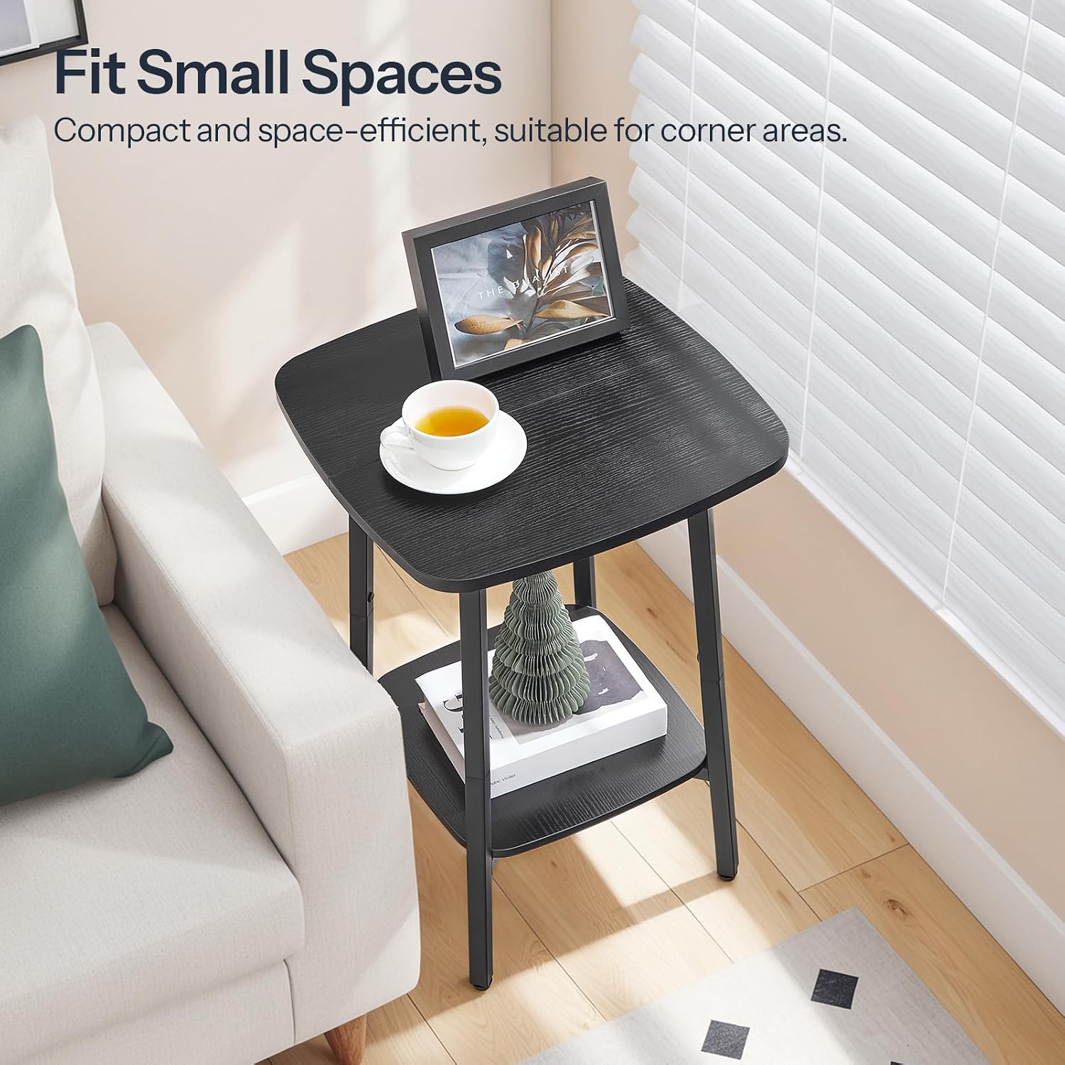 HOOBRO 2-Tier Square Side Table, Small Sofa End Table, Modern Simple Nightstand with Storage Shelves for Small Spaces, Living Room Bedroom Accent Table, 15.7" L x 15.7" W x 24" H, Black BB181BZ01