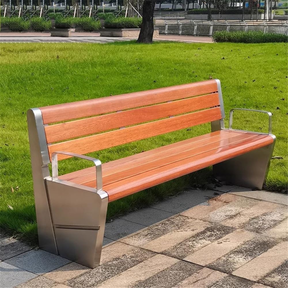 Garden Outdoor Park Backrest Chair, Stainless Steel Frame Wooden Bench, Garden Patio Leisure Seating Seat(Small)
