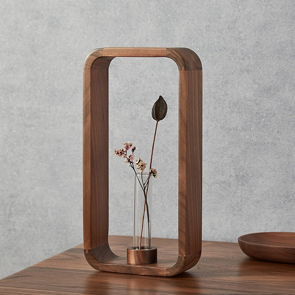 Transprent Glass Vase Test Tube Hydrophilic Plants Holder Walnut Wooden Frame Flower Stand Table Garden Bonsai Decor,Gifts for Women, Home Office Decor Planter (Big)