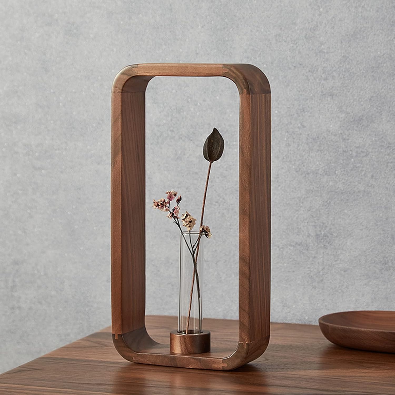 Transprent Glass Vase Test Tube Hydrophilic Plants Holder Walnut Wooden Frame Flower Stand Table Garden Bonsai Decor,Gifts for Women, Home Office Decor Planter (Big)