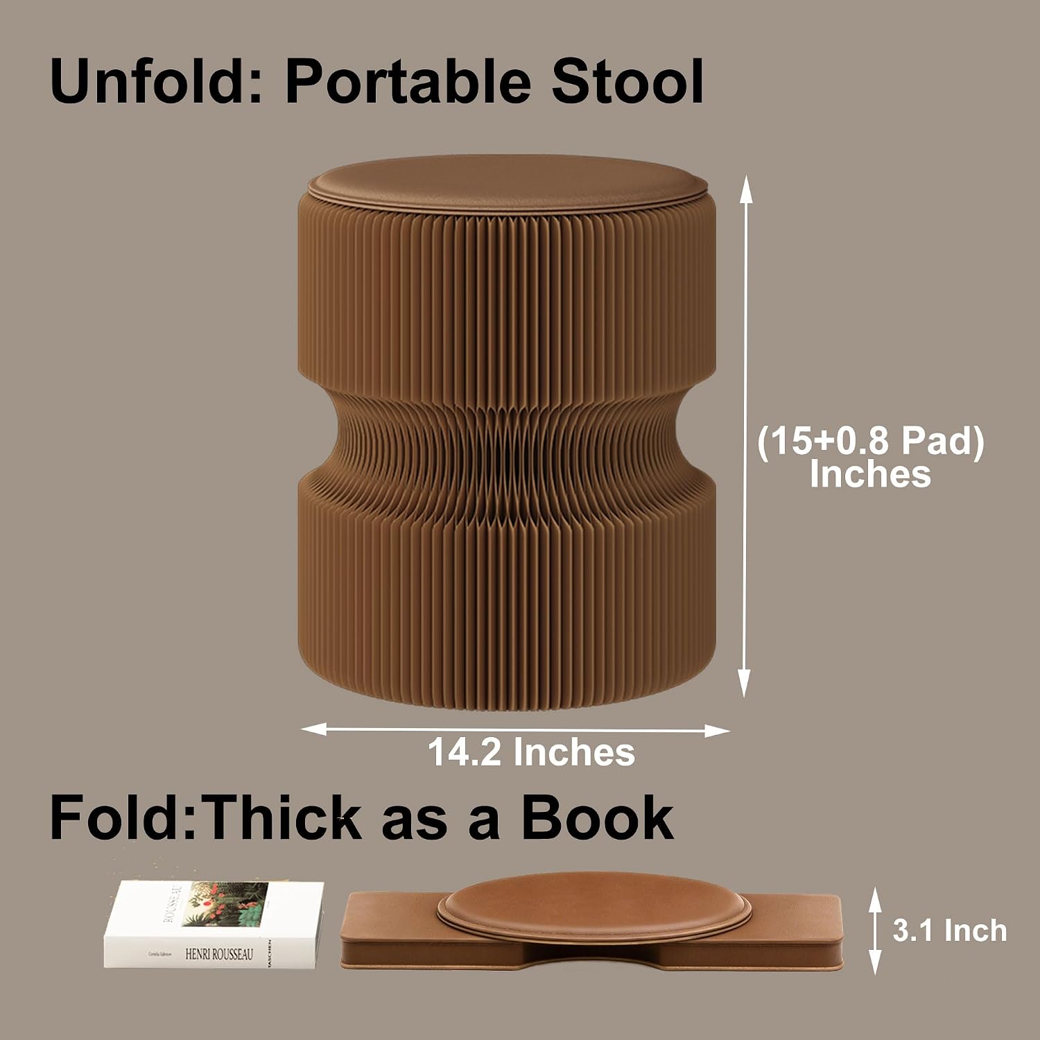 Accordion Folding Stool, Modern Kraft Paper Honeycomb Ottoman, Collapsible Portable Footrest Stool, Fold Up Under Desk Seat for Office Entryway Living Room Small Space (15 Inch, Brown)