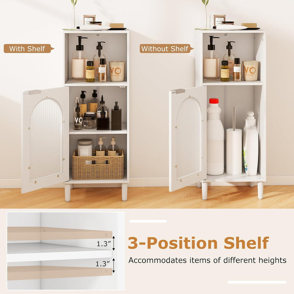 Tangkula Bathroom Floor Cabinet, Wood Side Storage Organizer with Adjustable Shelf, Tempered Glass Door, Anti-Tipping Kit & Solid Wood Legs, Narrow Cabinet for Living Room (White, 14” x 12” x 35.5”)