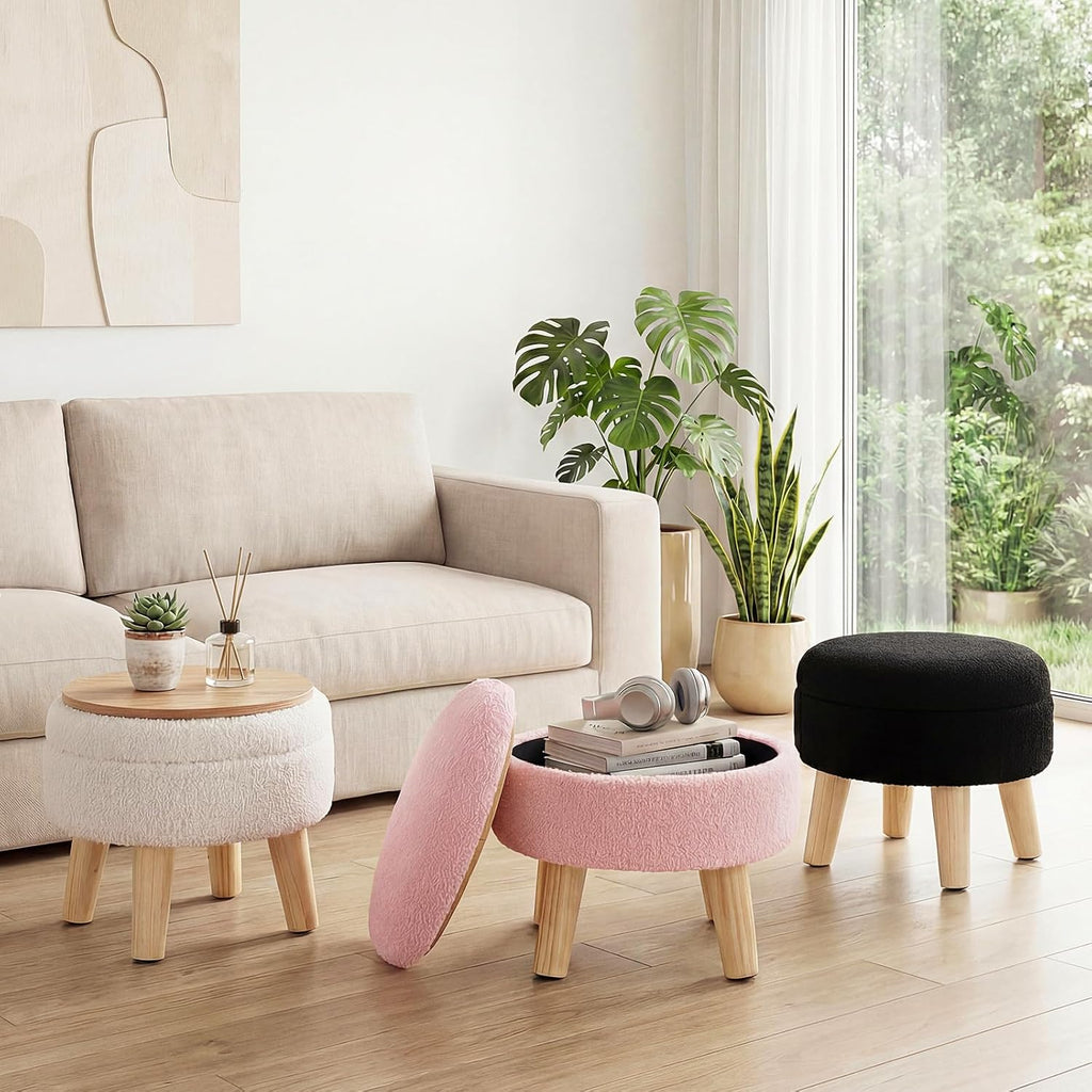 DUMOS Round Storage Ottoman with Reversible Tray Lid, Multi-Functional Footrest, Teddy Velvet Footstool with Wood Legs, Small Coffee Table for Living Room, Bedroom, Beige