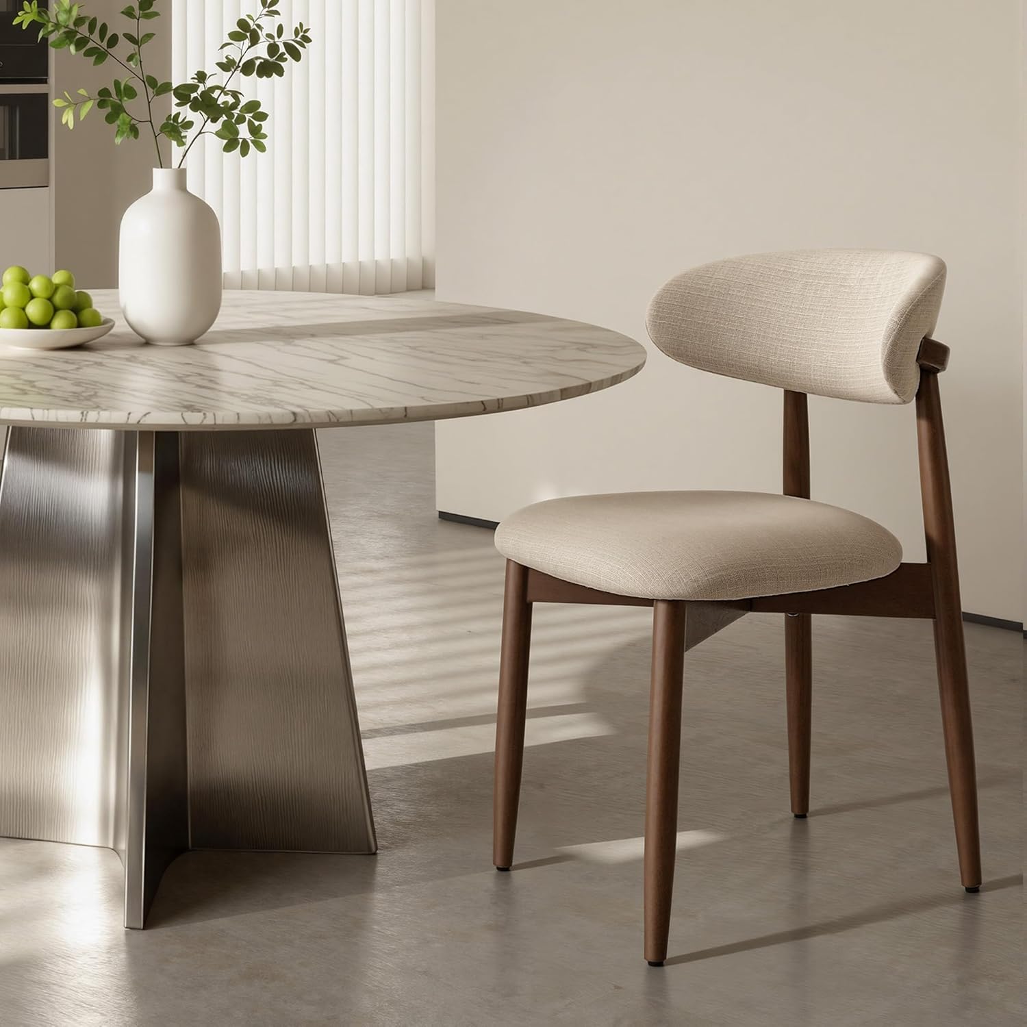 COLAMY Mid-Century Modern Wooden Dining Chair Set of 6, Indoor Upholstered Kitchen Chairs with 2.6" Cozy Padded Seat, Walnut Finish Side Dining Chair for Dining Room & Kitchen, Beige