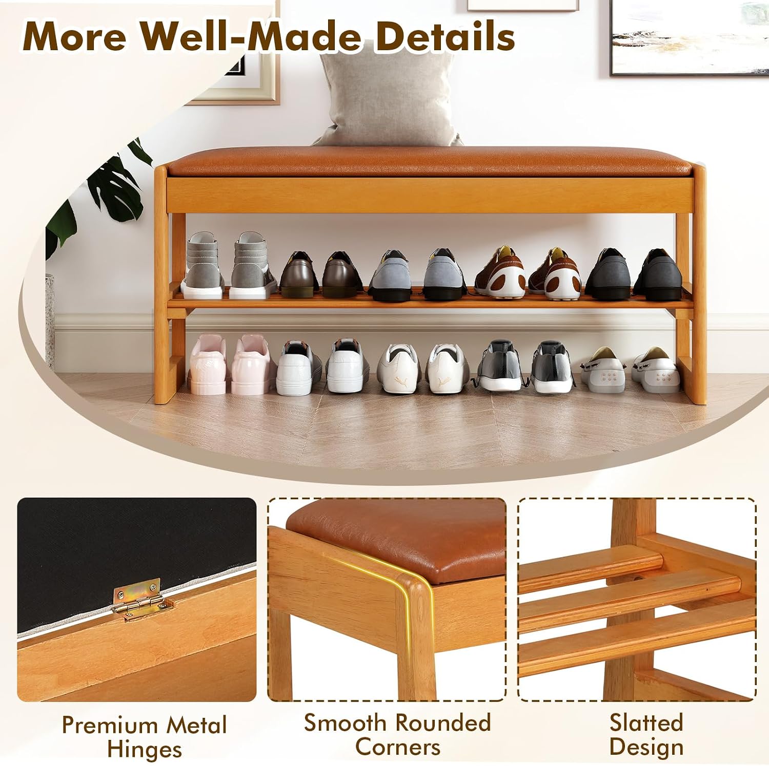 Giantex Shoe Rack Bench with Storage, Rubberwood Entryway Bench with Faux Leather Seat Cushion, Flip-Open Storage, 2-Tier Modern Shoe Rack Organizer for Entryway, Living Room, Bedroom (Brown)