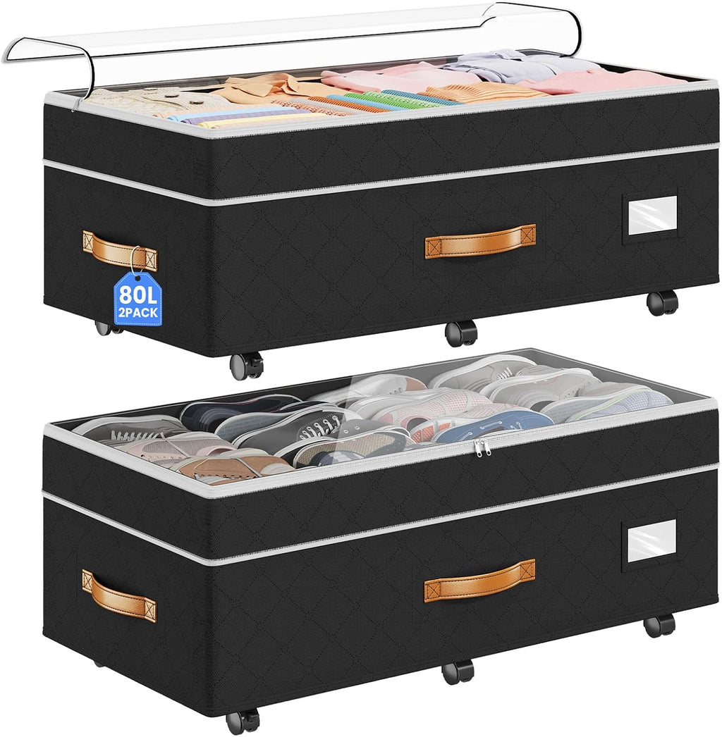 Budding Joy Under Bed Storage with Wheels 2Pack, 80L Height Adjustable Underbed Containers with Clear Lids, Rolling Under Bed Shoe Storage Organizer for Dorm Home Clothes, Blankets, Toys, Black