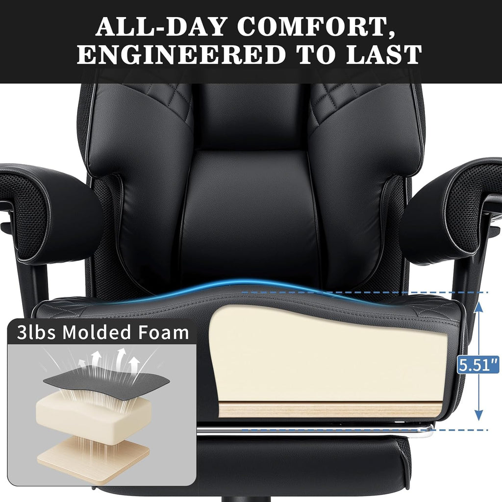 HOFFREE 500lbs Big and Tall Office Chair for Heavy People Executive Desk Chair with Adjustable Lumbar Support Comfy Wide Office Chair,Adjustable Padded Armrest,PU Leather,Black