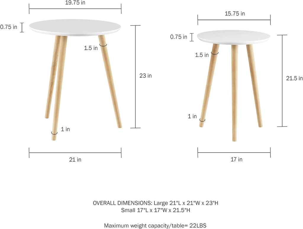 Nesting Side Tables - Set of 2 Round End Tables for Living Room, Bedroom, or Home Office - Accent Table Set - Mid-Century Modern Living Room Furniture by Lavish Home (White/Natural)