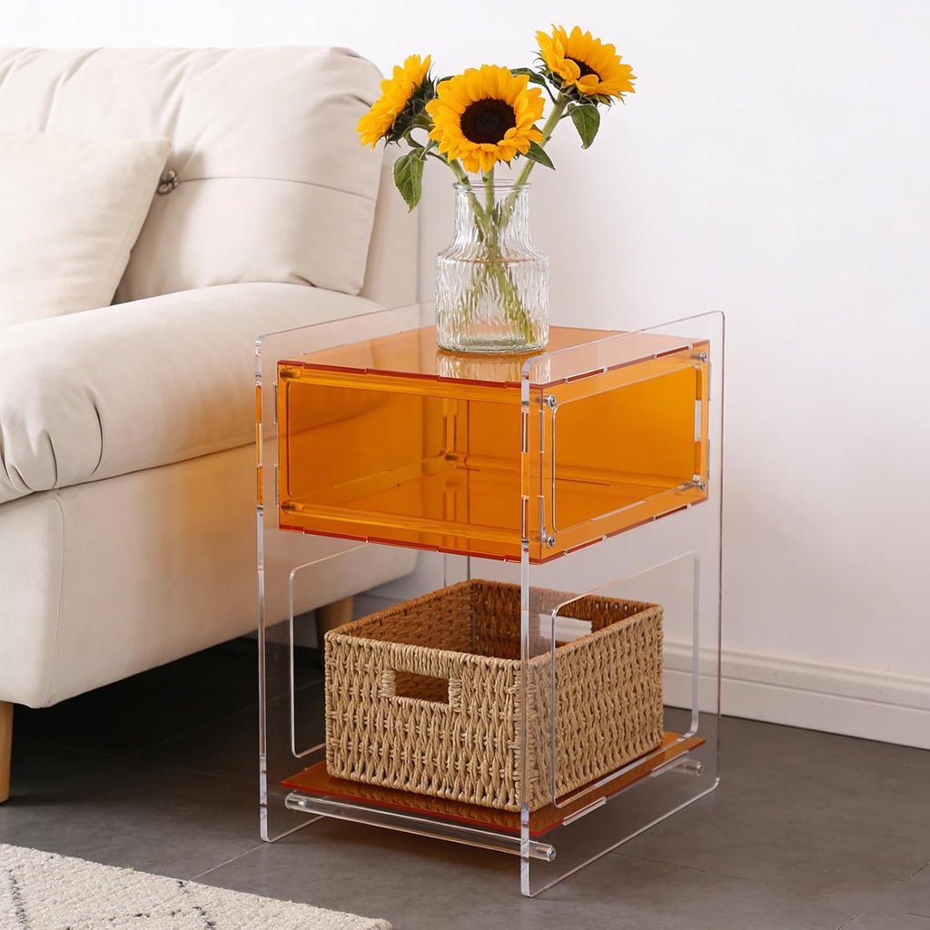 Acrylic Side Table with Open Storage Shelf, Clear Nightstand for Bedroom Living Room, Modern Small End Table for Record Player, Acrylic Bedside Organizer (Orange)