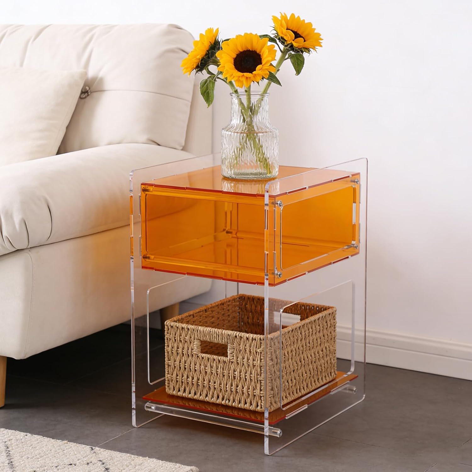 Acrylic Side Table with Open Storage Shelf, Clear Nightstand for Bedroom Living Room, Modern Small End Table for Record Player, Acrylic Bedside Organizer (Orange)