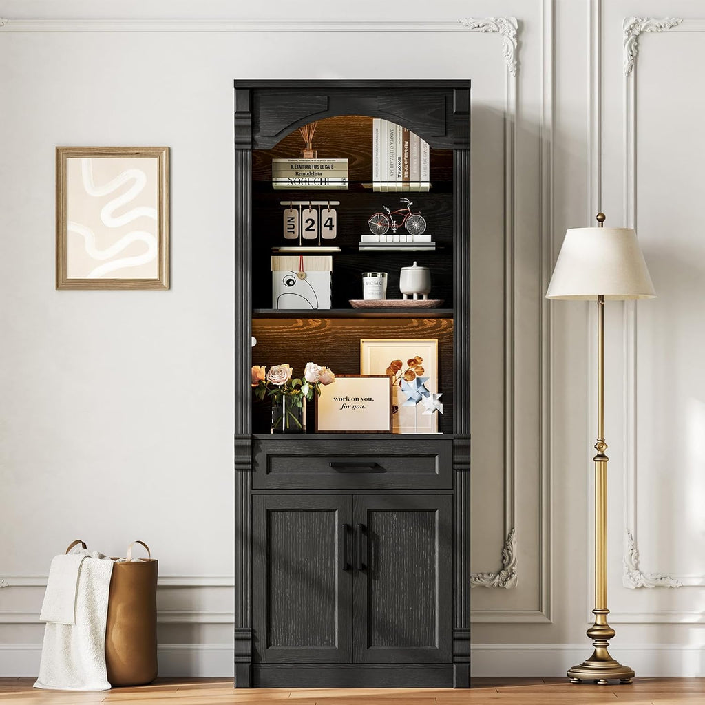 Rresyet 70.9" Tall Kitchen Pantry Storage Cabinet, Modern Kitchen Hutch Bar Cabinet with Lights, Freestanding Food Pantry with Adjustable Shelves and Drawer (Black)