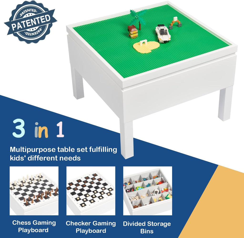 UTEX 3 in 1 Kids Activity Table with Storage, Kids Construction Play Table Compatible with Lego and Duplo Bricks, Chess Table for Building Block, Drawing, Crafts