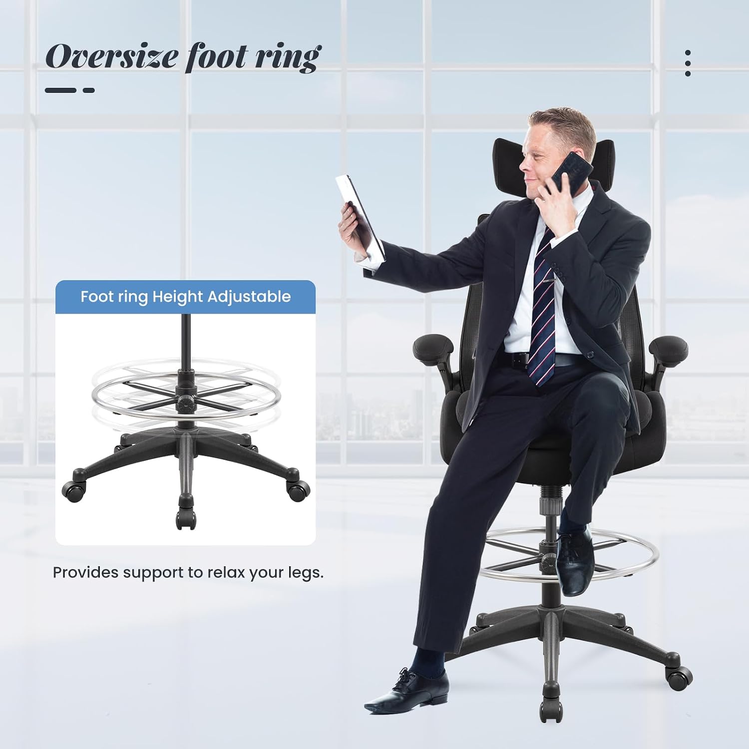 400lbs Ergonomic Drafting Tall Office Chair for Adjustable Standing Desk with Flip-Up Arms, Headrest (with Footring, Black)