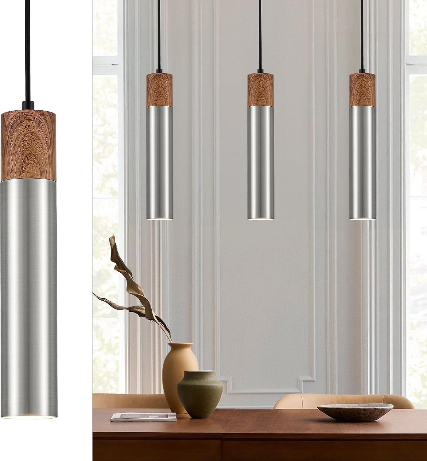 ELYONA Modern Pendant Light for Kitchen Island, Brown Wood Grain & Brushed Nickel Metal Bauhaus Long Tube Hanging Light Fixture for Dining Room, Bedroom, Adjustable Height, GU10 LED Bulb Included