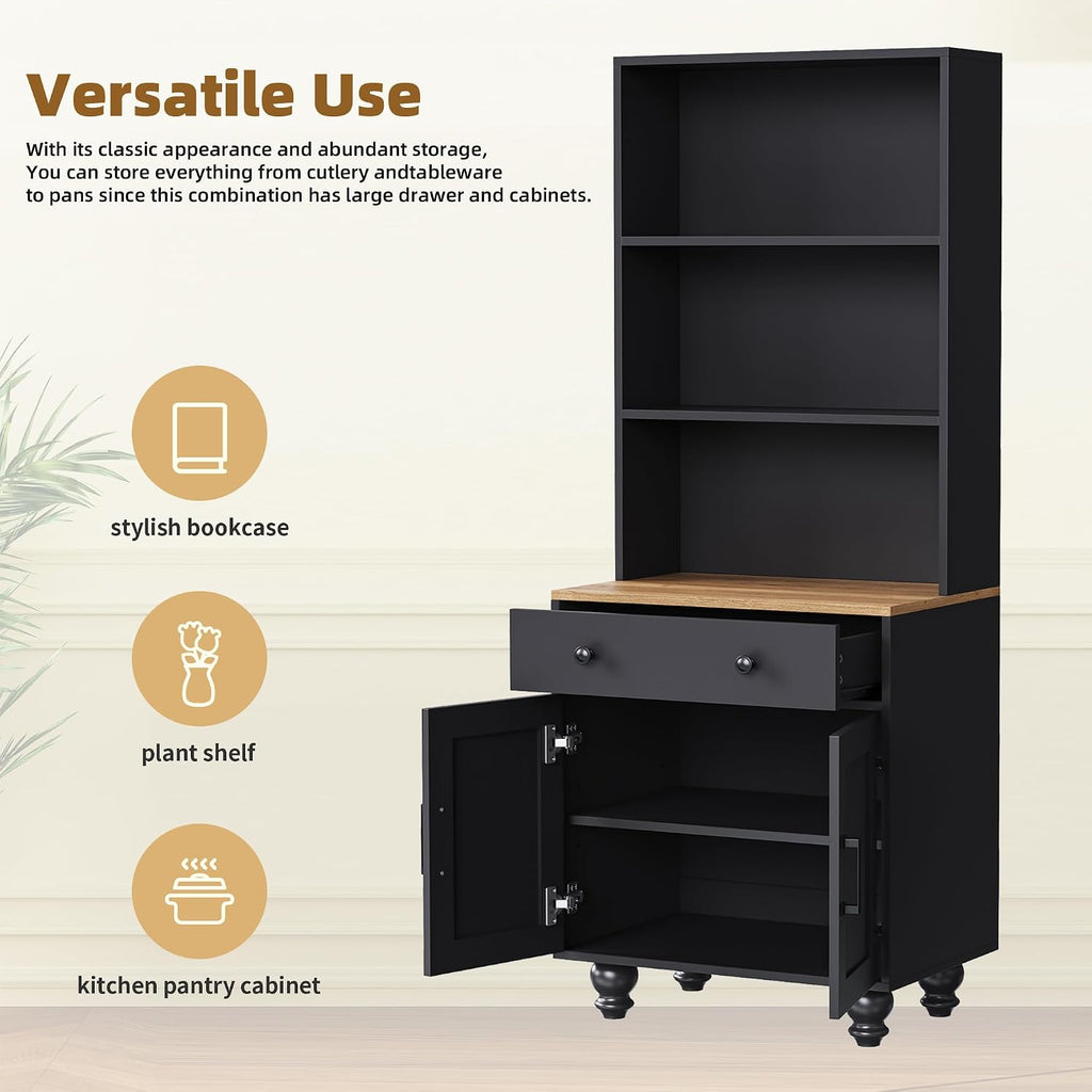 Modern Kitchen Pantry, Storage Cabinet with 4 Solid Wood Gourd-Shaped Legs, Adjustable Shelves, 5-Tier Bookshel and Drawer, Easy to Clean