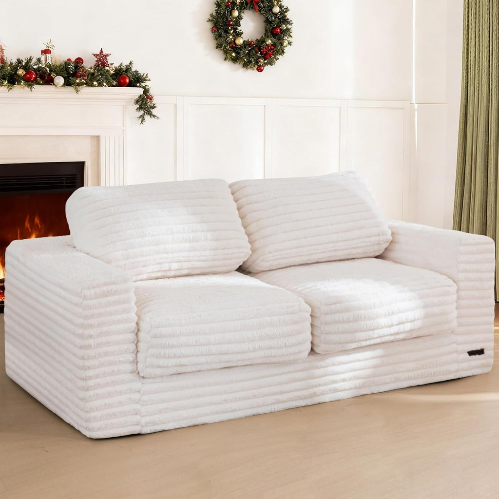 MAXYOYO Bean Bag Chair for Adults, Upholstered Loveseat Floor Sofa with Pillows and Armrests, Large Bean Bag Sofa Plush Couch for Bedroom Living Room, White