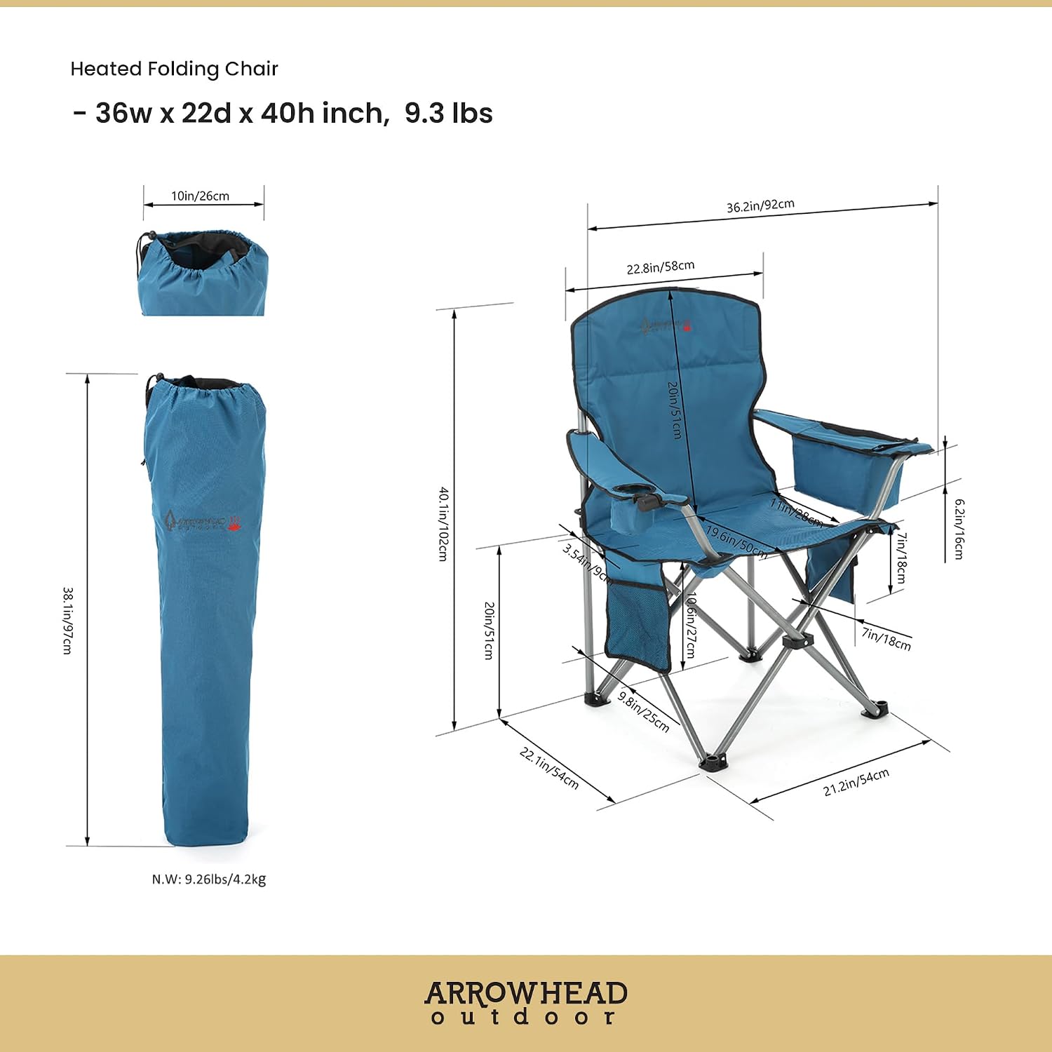 ARROWHEAD OUTDOOR Heated Camping Chair – Heavy-Duty Portable Folding Chair with 3 Heat Modes, 6-Can Cooler, Cup & Wine Glass Holder – Supports 330lbs
