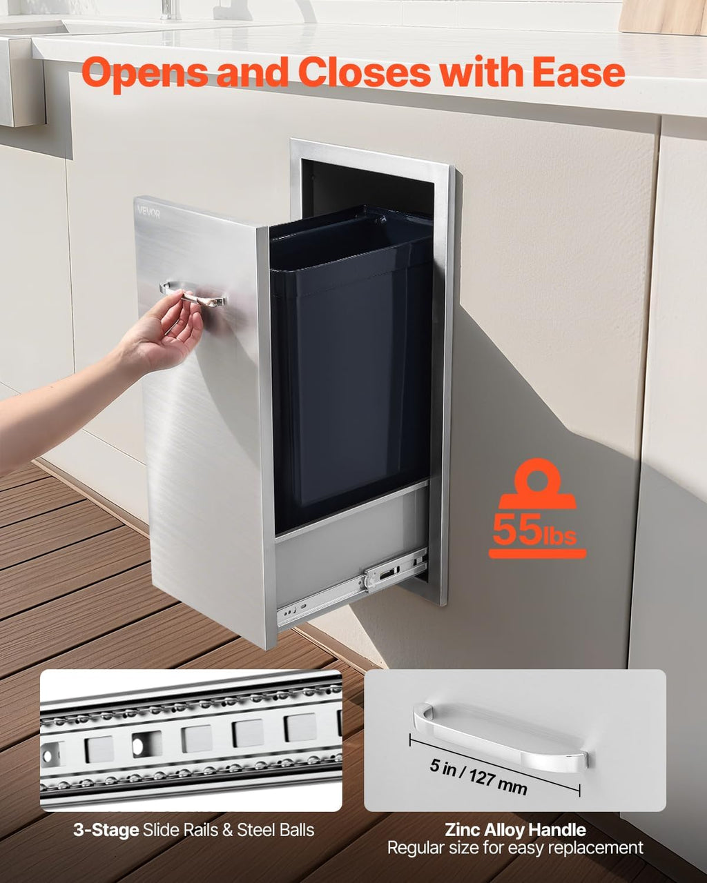 VEVOR Outdoor Kitchen Trash Drawer, 11.81" W x 19.6" D x 23.62" H Interior Storage, Multi-Purpose Outdoor Kitchen Drawers Stainless Steel, 55 lbs Max Capacity per Tier, for Outdoor BBQ Island Kitchen