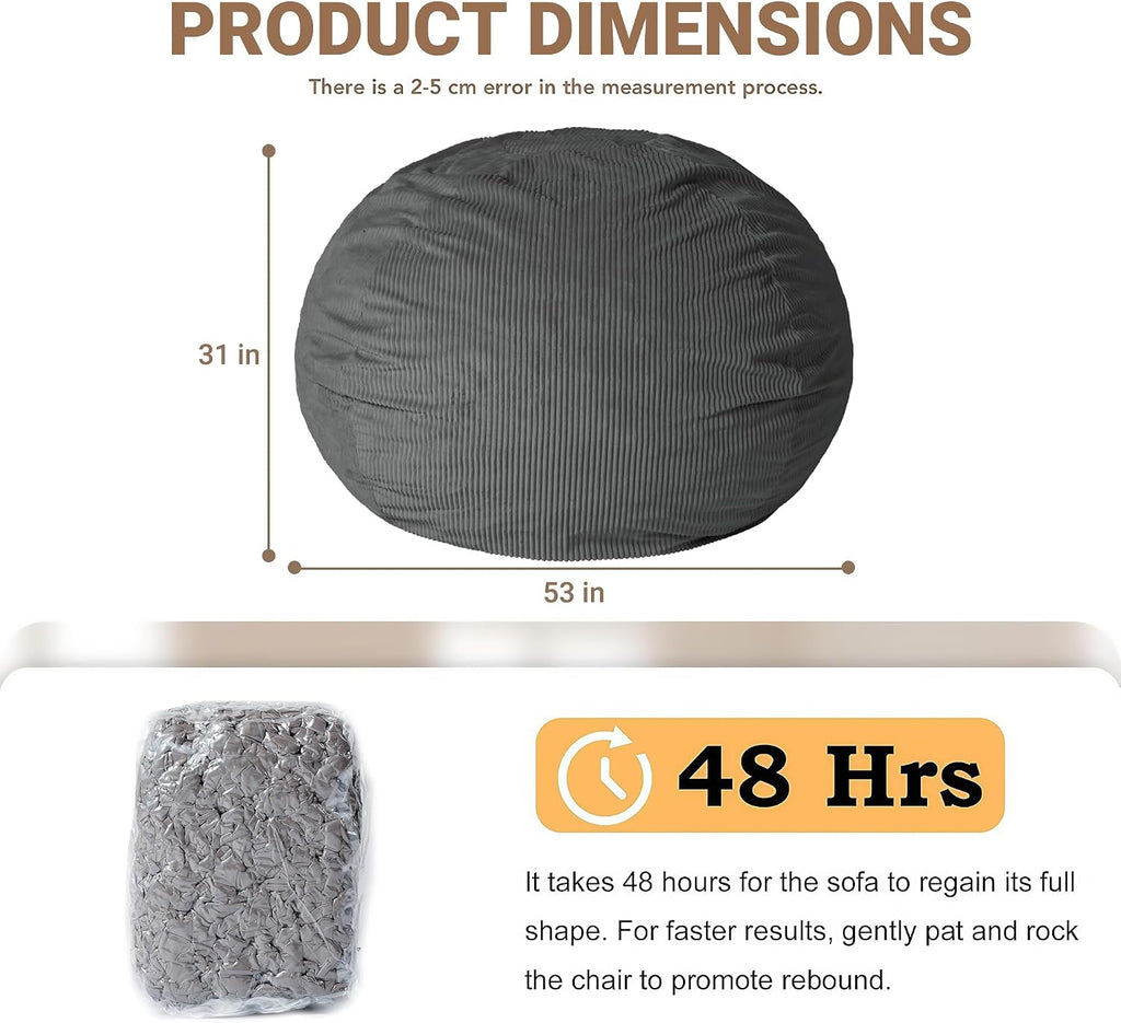 CangLong Large Bean Bag Chair with Filler, Plush Fluffy Shell Design Lounger for Adults, Ergonomic Reading Gaming Chair for Bedroom, Living Room, Dorm, Game - Dark Grey, 400lbs Support