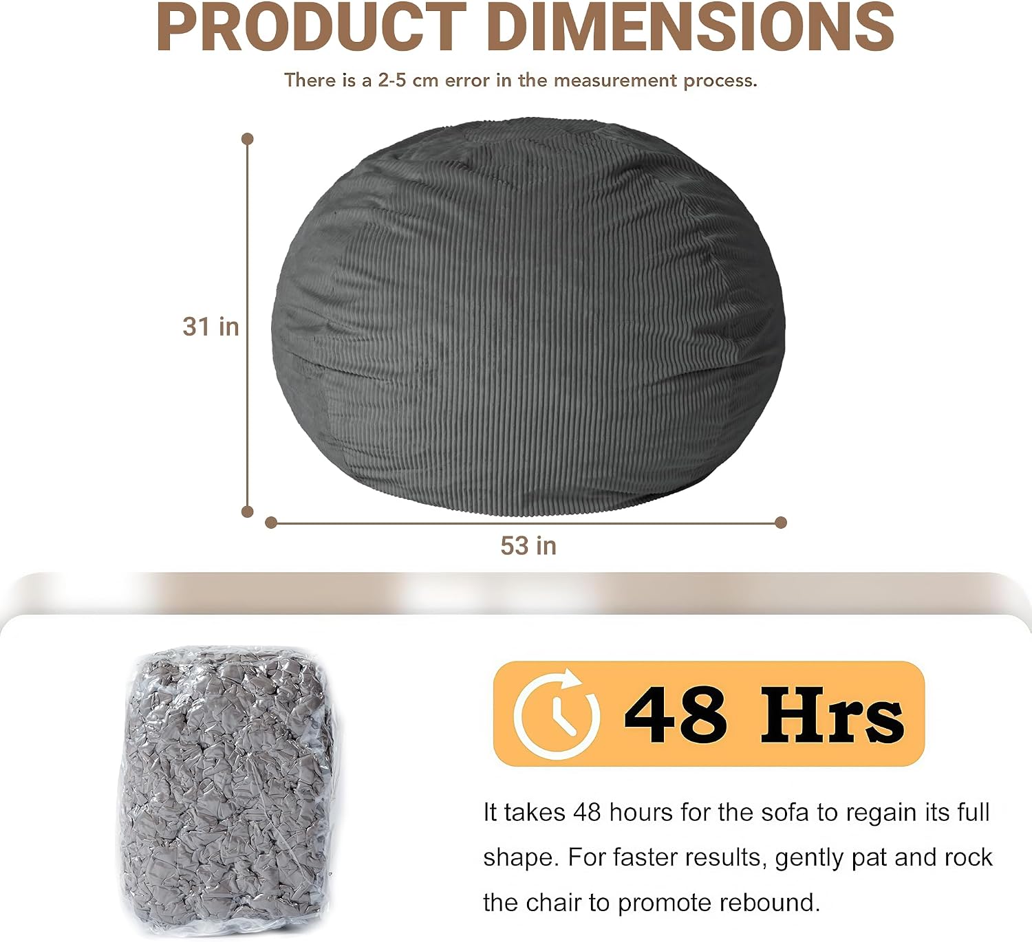 CangLong Large Bean Bag Chair with Filler, Plush Fluffy Shell Design Lounger for Adults, Ergonomic Reading Gaming Chair for Bedroom, Living Room, Dorm, Game - Dark Grey, 400lbs Support