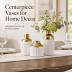 Ceramic Textured Vases Set of 3, Round White and Gold Two-Tone Flower Vase for Pampas Grass Decorative, Modern Gold Small Vase for Kitchen Counter Shelving Fireplace Mantel Table Centerpiece