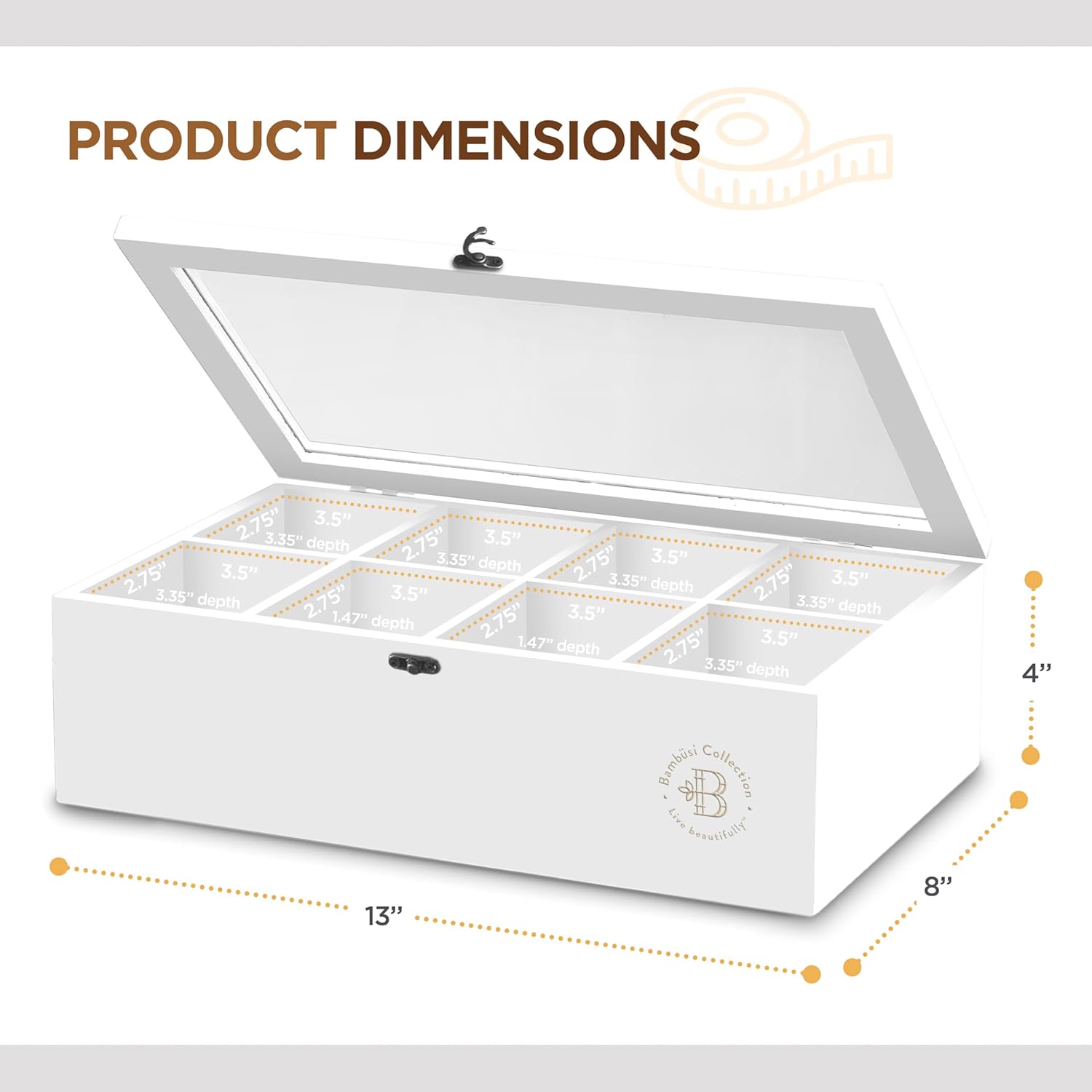 Tea Bag Organizer with Drawer - Bamboo Tea Box Organizer, 8-Compartment Tea Storage Box with Acrylic Lid and Magnetic Closure, Tea Box for Kitchen Counter, Gifts for Mom, Wife, Tea Lovers (White)
