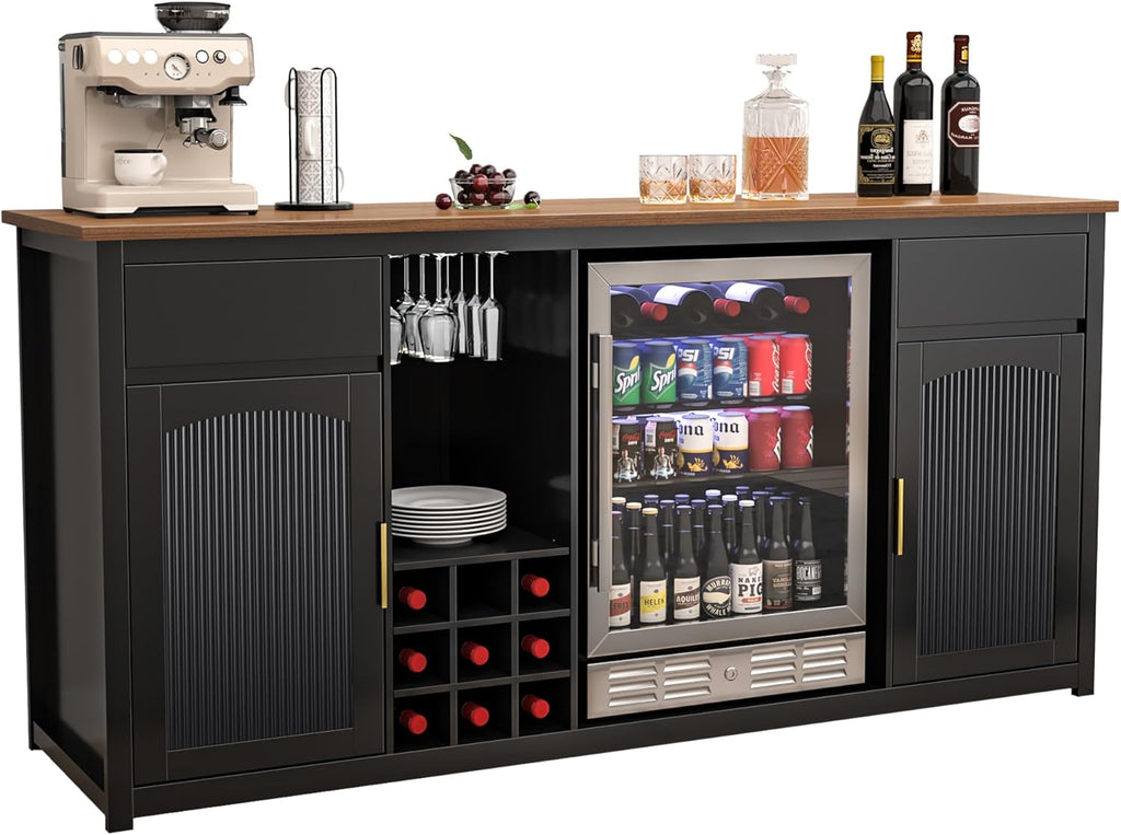 GDLF Extra Long Bar Cabinet with Fridge Space, Modern Wine Liquor Cabinet with Storage and Power Outlet, Buffet Sideboard with Fluted Doors for Home, 78.7 Inch, Black