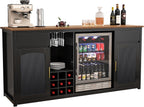 GDLF Extra Long Bar Cabinet with Fridge Space, Modern Wine Liquor Cabinet with Storage and Power Outlet, Buffet Sideboard with Fluted Doors for Home, 78.7 Inch, Black