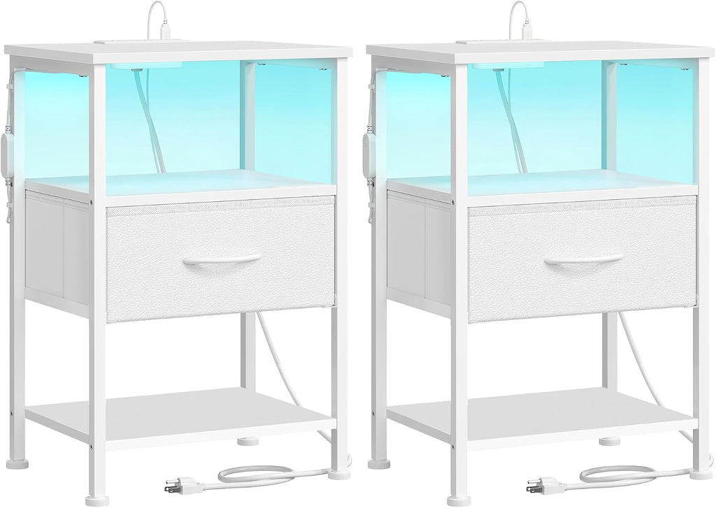 SONGMICS BELLAH Collection - Set of 2 Nightstands with Charging Station and App-Controlled Adjustable LED Lights, Bed Side Tables,1 Drawers, Cloud White and Snow White ULGS201W101S