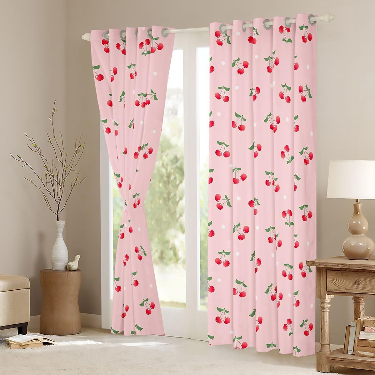 Feelyou Girls Cherry Curtains Cute Fruit Toddler Window Curtains for Bedroom Living Room Baby Women Pink Kawaii White Dots Decor Window Drapes Lovely Sweet Fresh Window Treatments 38W X 45L,2 Panels