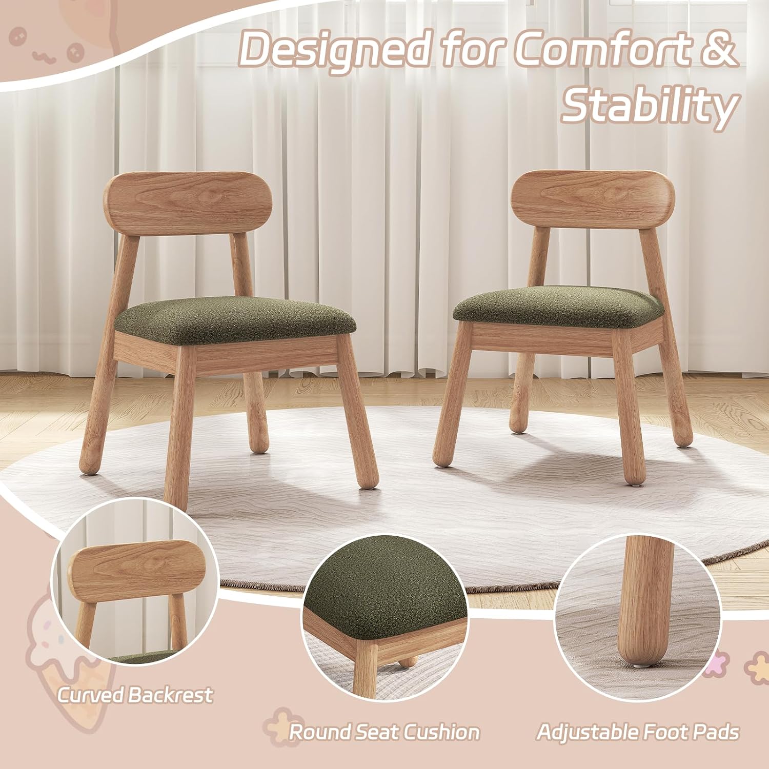 Wood Kid Armchair, Toddler Chairs Ages 1-4, Kid Chair with Solid Wooden Frame, Toddler Armchair Comfy, Upholstered Kids Chair for Playroom, Bedroom, Kindergarten & Preschool, Green