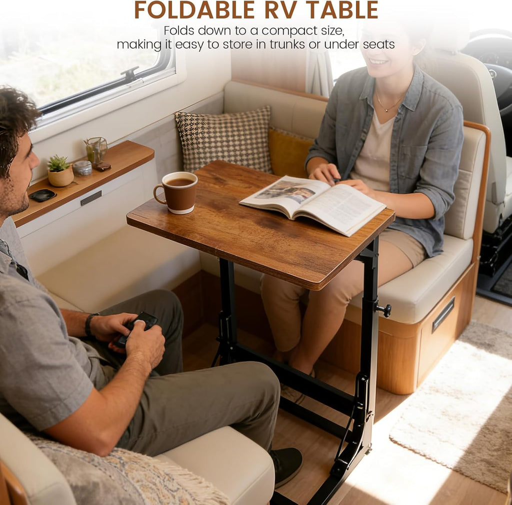 Folding Side Table, Adjustable C-Shaped End Table for Couch, Metal Frame TV Tray Table for Sofa Living Bedroom Bedside Coffee Small Spaces (Brown, 23.6" L x 15.8" W)