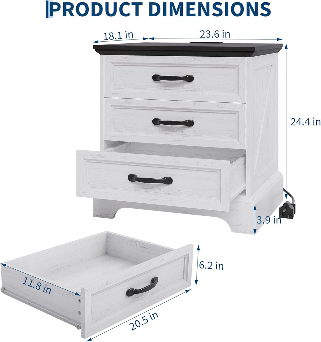 Garvee Modern Farmhouse Nightstand with Charging Station & 3 Large Drawers, Rustic 24.8 Inch Wide End Side Table Retro Wood Big Nightstand Beside Table for Living Room Bedroom, White