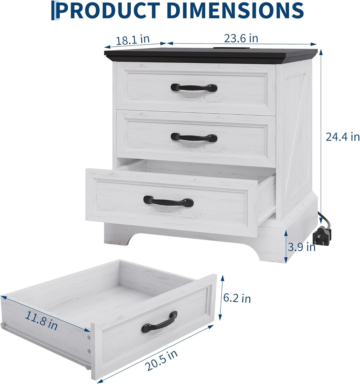 Garvee Modern Farmhouse Nightstand with Charging Station & 3 Large Drawers, Rustic 24.8 Inch Wide End Side Table Retro Wood Big Nightstand Beside Table for Living Room Bedroom, White