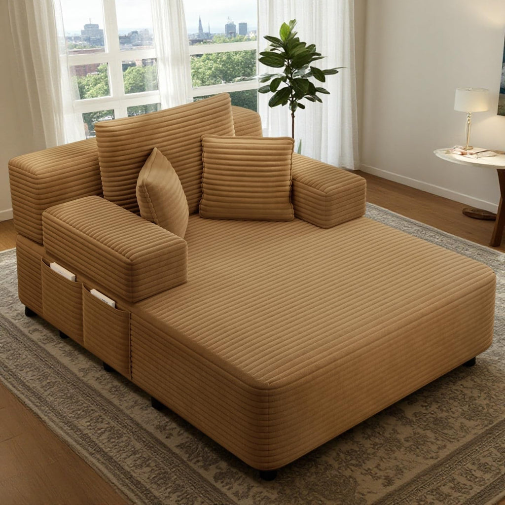 61 inch Boneless Chaise Lounge Chair Indoor, Oversized Corduroy Lounge, Deep Seat Sofa Bed for Living Room, Comfy Reading Nook Chair for Small Spaces, No Assembly Required, Camel