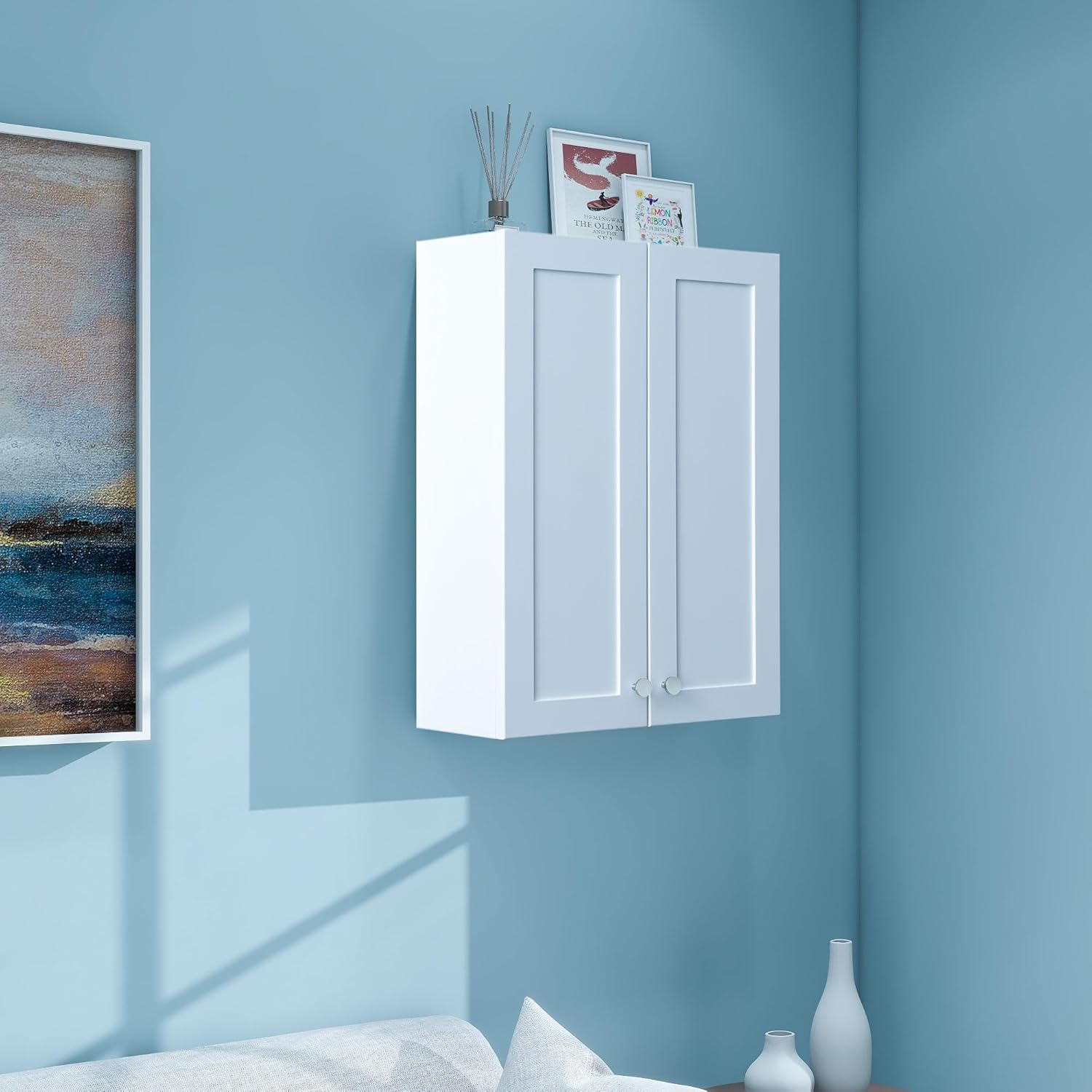 VANIRROR White Wall Mount Cabinet, MDF Over the Toilet Storage Cabinet with Adjustable Shelves, Space Saver 2 Door Medicine Cabinet for Bathroom Laundry Kitchen, 19x 27in, No Paint Odor