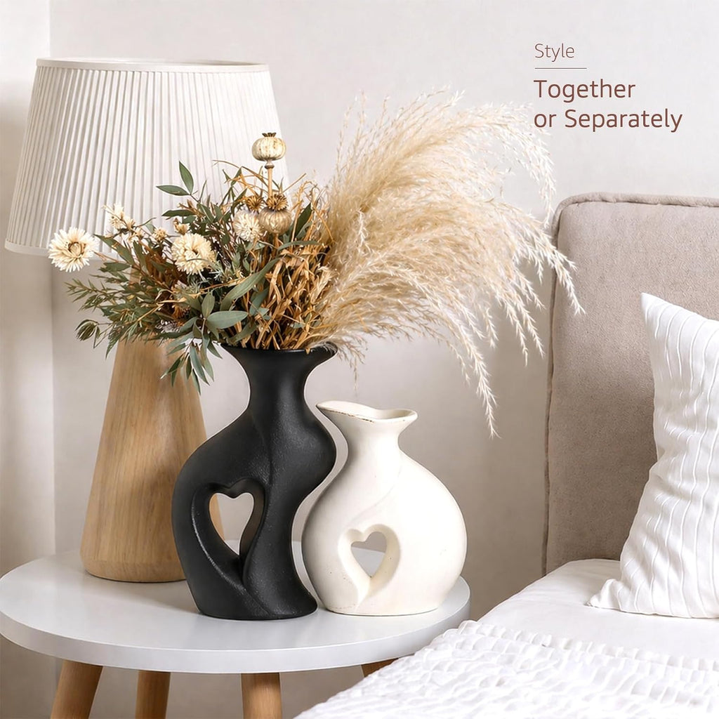 Ceramic Vase Hollowed Heart Flower Vase Set for Modern Nordic Boho Home Decor, Aesthetic Decor for Table Centerpiece, Wedding, Living Room, Bookshelf, Office, Entryway, (Matte)