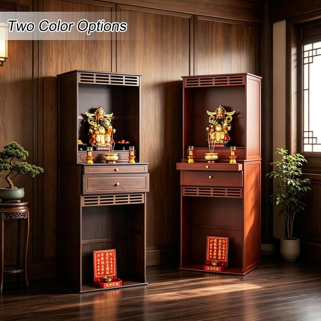 Altar Table, Freestanding Bamboo Storage Cabinet with Drawers, Floor-Standing Wooden Display Table with Shelves, for Living Rooms, Shrines, Temples(Brown,38 * 37 * 172cm/15 * 14.6 * 67.7in)
