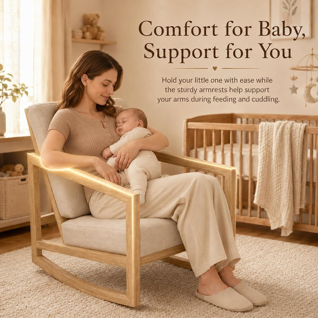 Solid Wood Rocking Chair, Upholstered Nursery Rocker with Removable Washable Cushion and Back Pillow, Comfy Armchair for Living Room, Bedroom, Reading Nook and Baby Feeding, Beige