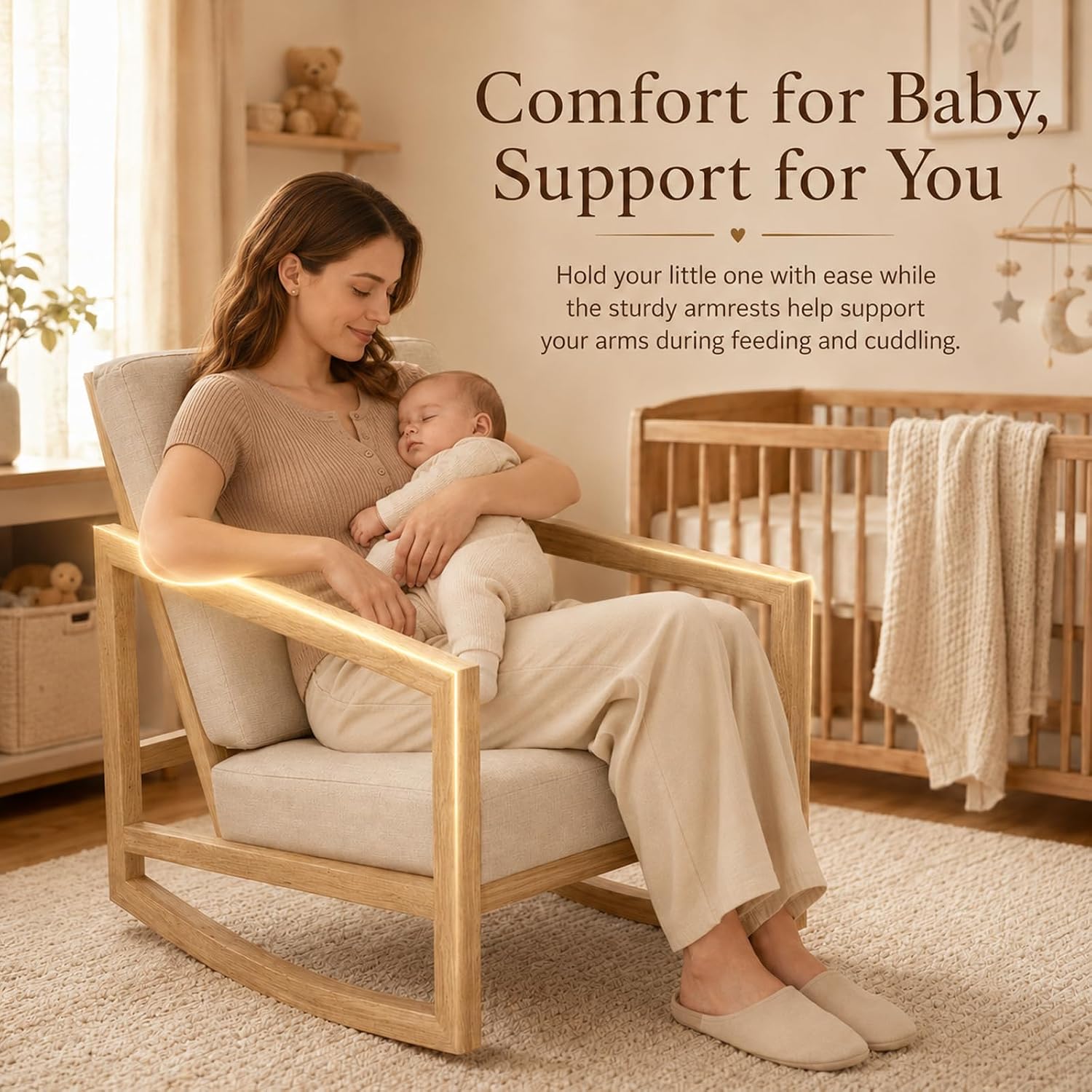Solid Wood Rocking Chair, Upholstered Nursery Rocker with Removable Washable Cushion and Back Pillow, Comfy Armchair for Living Room, Bedroom, Reading Nook and Baby Feeding, Beige