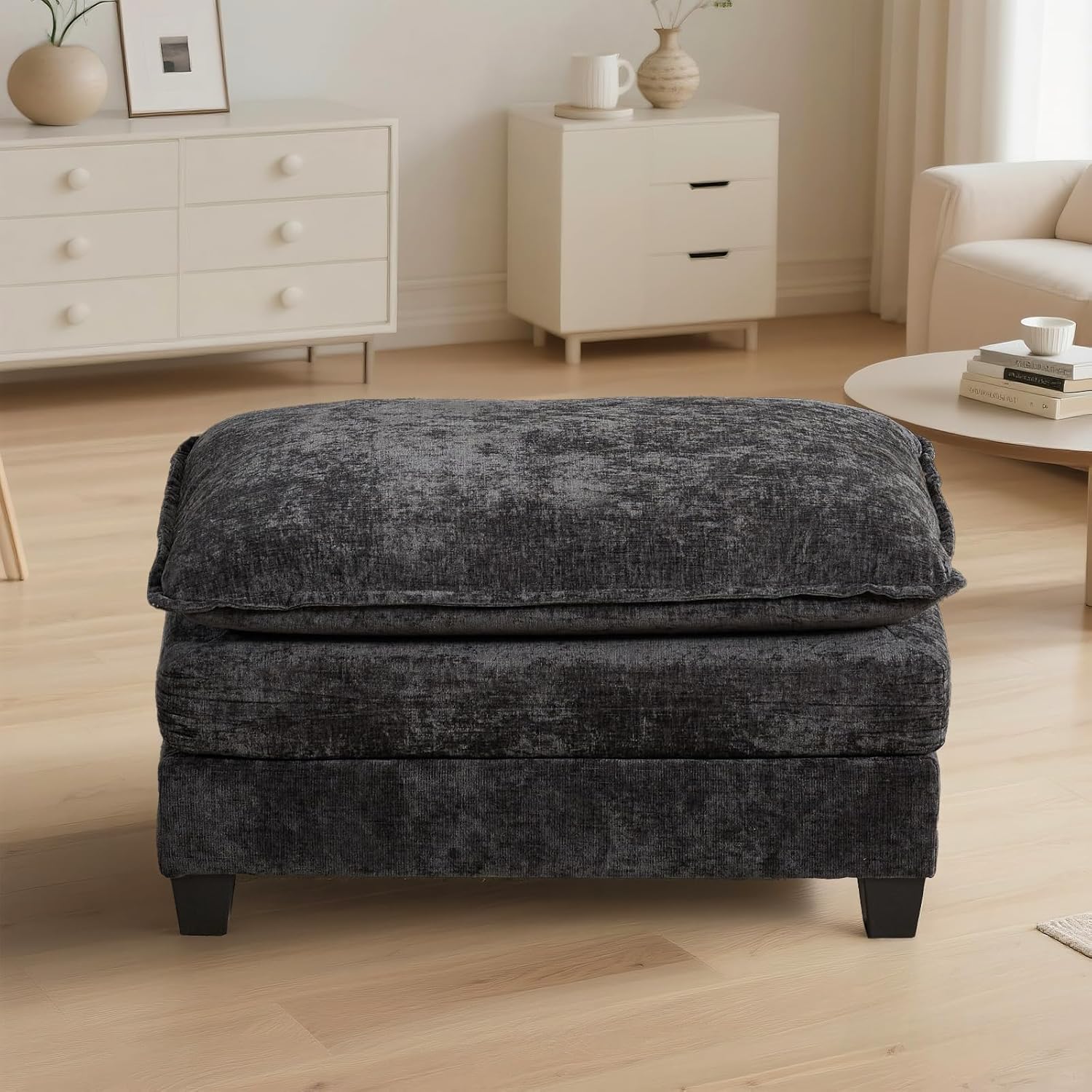 Chenille Upholstered Ottoman Footstool with Cushion for Sectional Sofa Couch 300lbs for Living Room,Apartment,Home Theater(Dark Grey)
