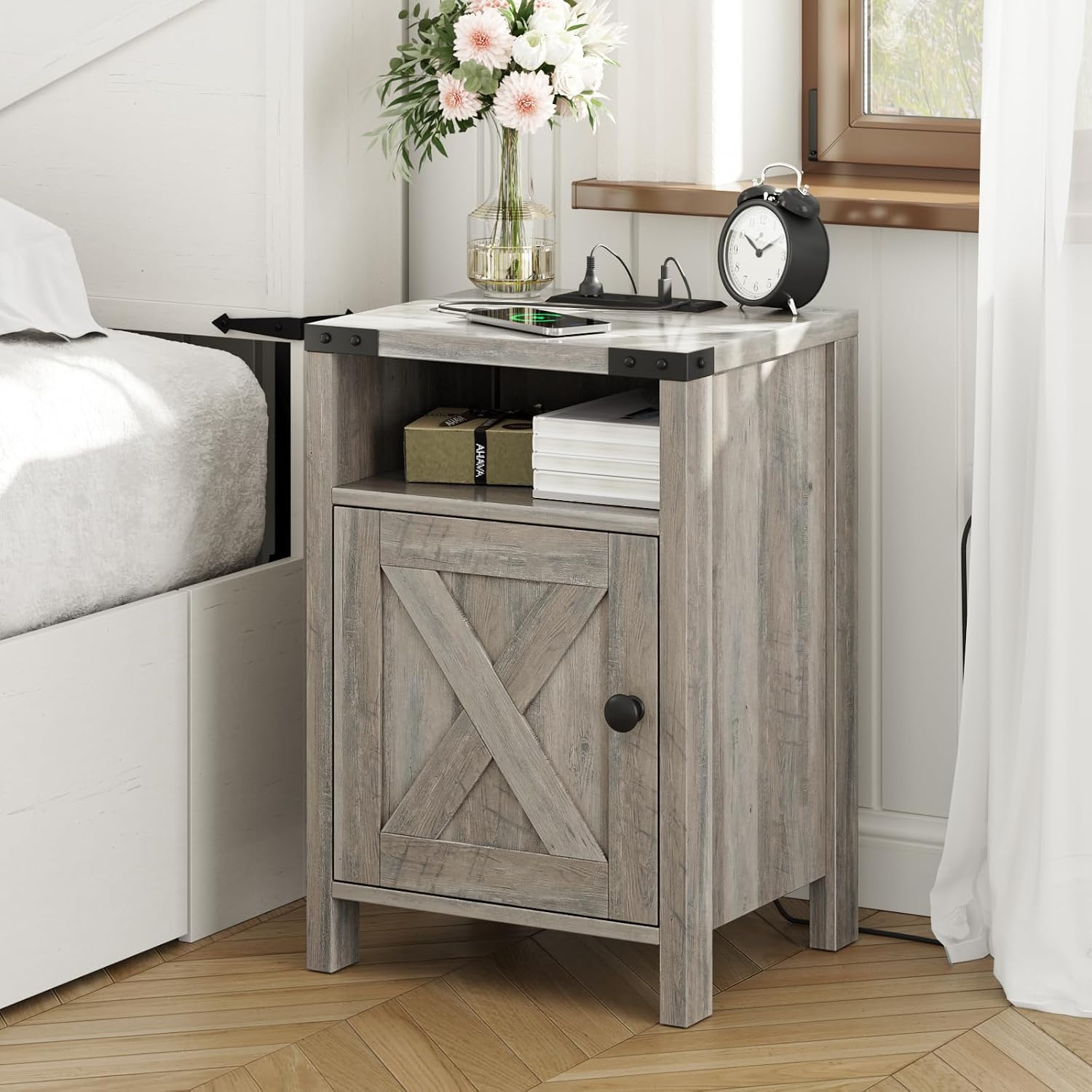 Fameill Farmhouse End Tables with Charging Station, Nightstand with Barn Door and Shelf, Rustic Living Room Bedroom Side Table, Wash Grey