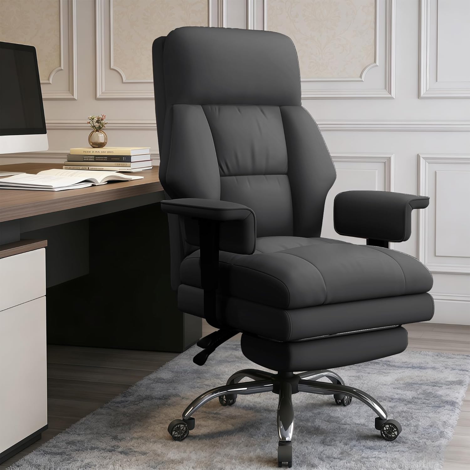 Executive Office Chair with Wheels PU Leather Ergonomic Desk Chairs with Foot Rest High Back Computer Gaming Chairs for Home Office