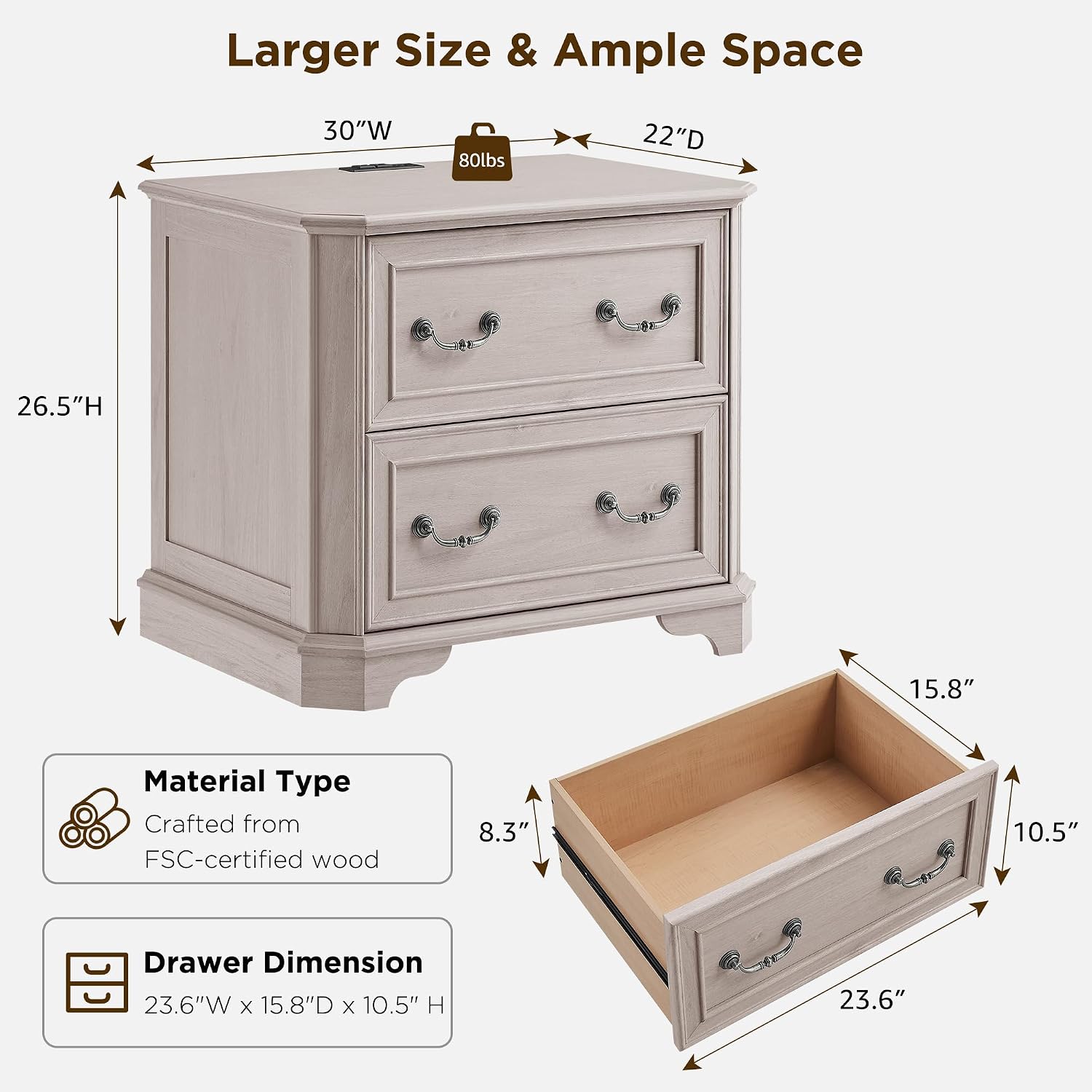 T4TREAM 30" Farmhouse Nightstand Set of 2 w/Charging Station | Large End Table, 2 Spacious Drawers Bedside Table, Wooden Night Stand for Bedroom, Living Room, White Alder