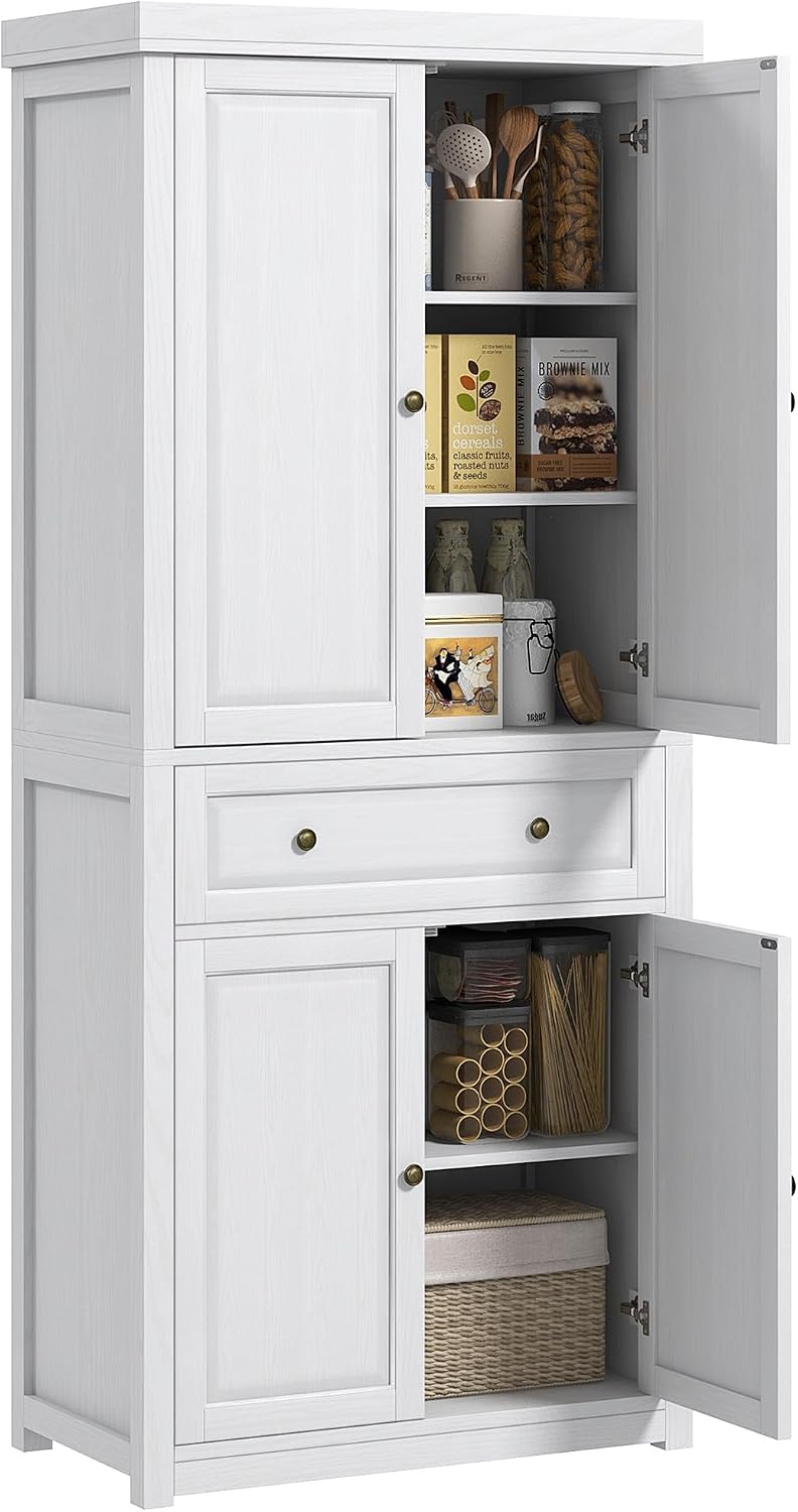72.5" Tall Farmhouse Kitchen Pantry Storage Cabinet, Freestanding Kitchen Cabinet with 4 Doors, Drawer and Adjustable Shelves for Dining Room, Distressed White,16 * 30 * 72.5